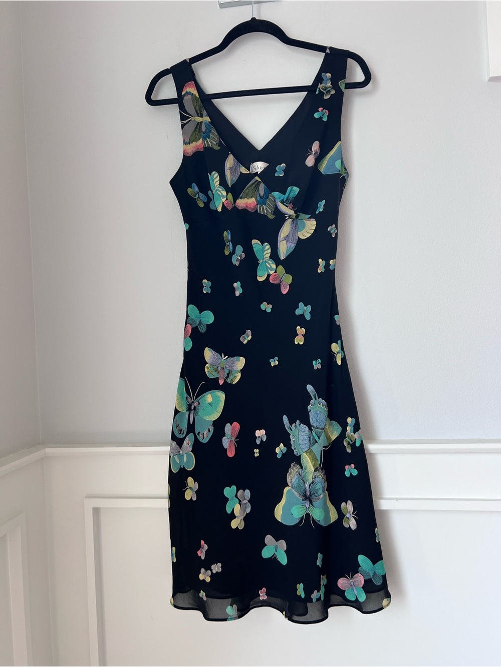 Black Butterfly Print V-Neck Women's Dress